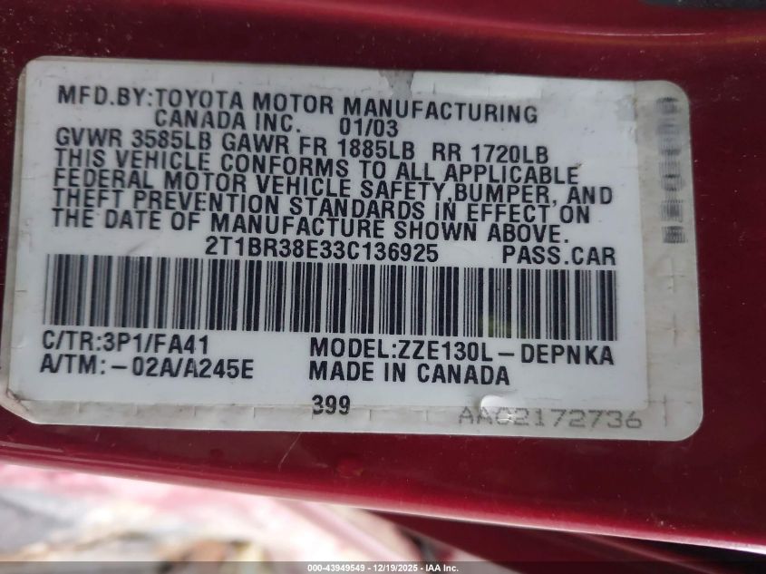 2003 Toyota Corolla Le VIN: 2T1BR38E33C136925 Lot: 43949549