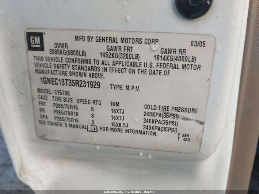 2005 Chevrolet Tahoe Ls VIN: 1GNEC13T35R231929 Lot: 43949552