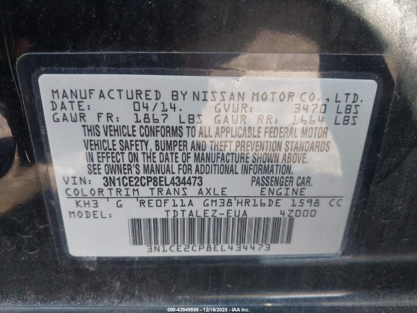 2014 Nissan Versa Note S (Sr)/S Plus/Sv VIN: 3N1CE2CP8EL434473 Lot: 43949556
