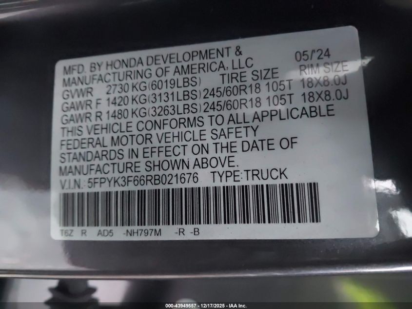 2024 Honda Ridgeline Trailsport VIN: 5FPYK3F66RB021676 Lot: 43949557