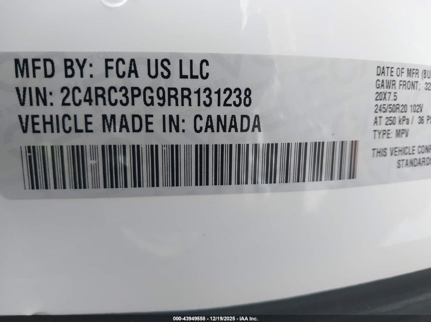 2024 Chrysler Pacifica Pinnacle Awd VIN: 2C4RC3PG9RR131238 Lot: 43949558