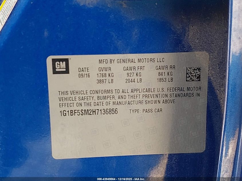 2017 Chevrolet Cruze Premier Auto VIN: 1G1BF5SM2H7136856 Lot: 43949564