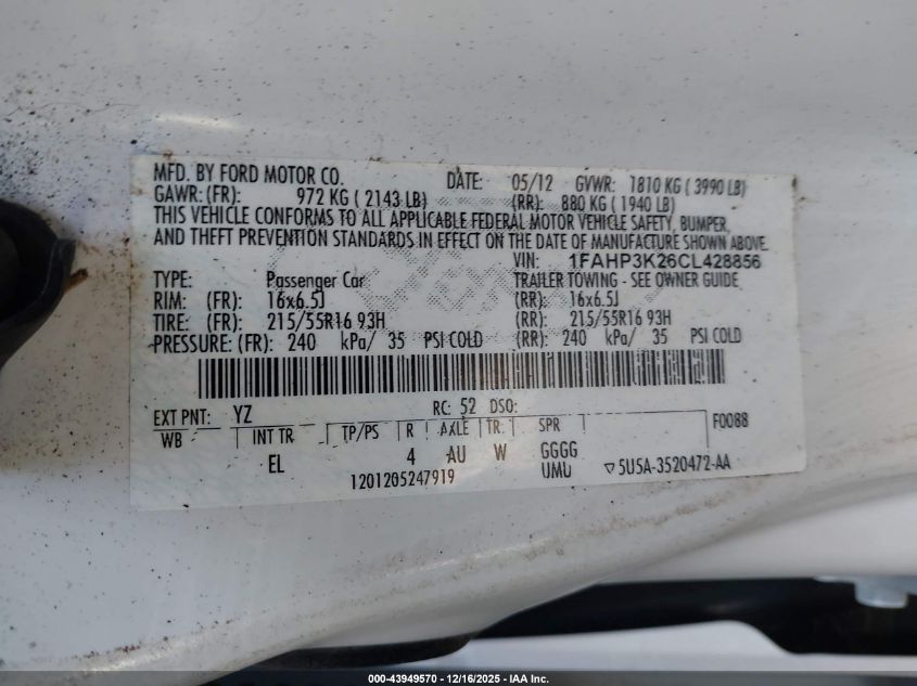 2012 Ford Focus Se VIN: 1FAHP3K26CL428856 Lot: 43949570