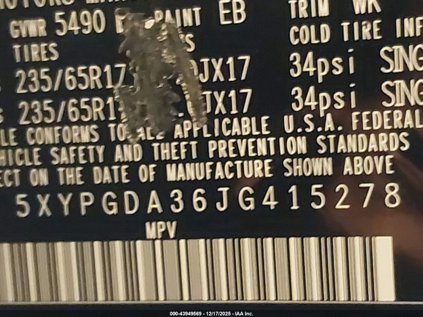 2018 Kia Sorento 2.4L Lx VIN: 5XYPGDA36JG415278 Lot: 43949569