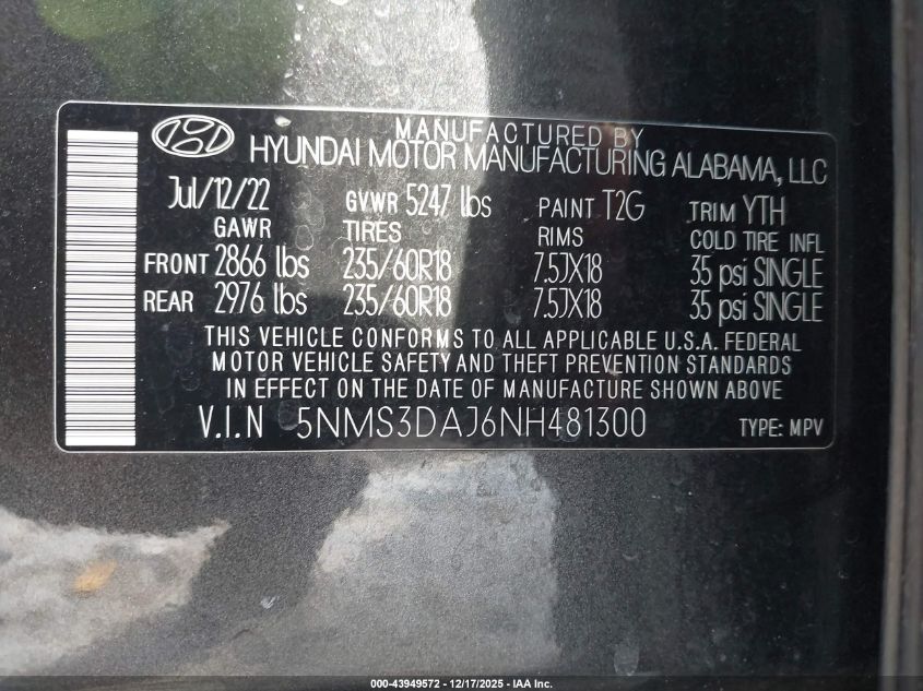 2022 Hyundai Santa Fe Sel VIN: 5NMS3DAJ6NH481300 Lot: 43949572