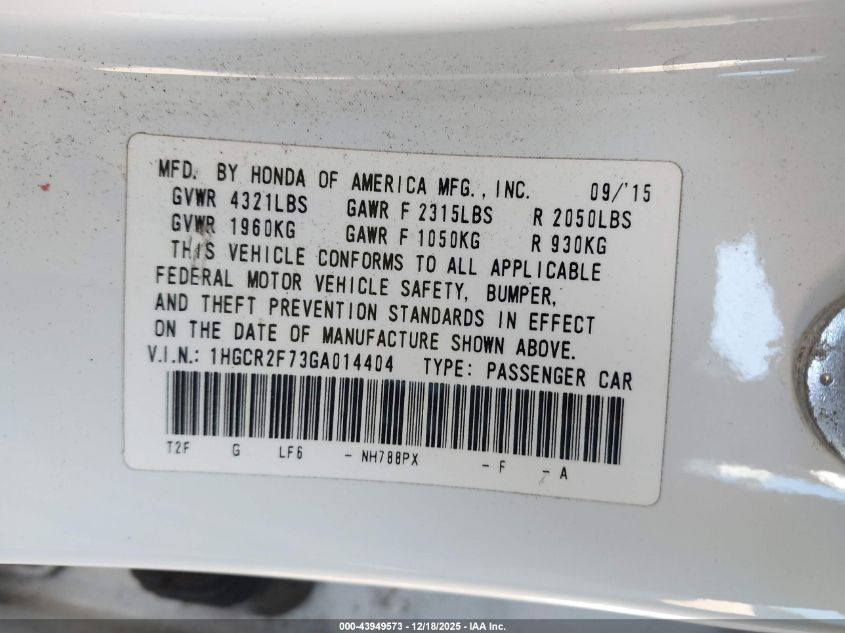 2016 Honda Accord Ex VIN: 1HGCR2F73GA014404 Lot: 43949573