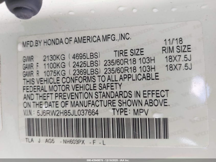 2018 Honda Cr-V Ex-L/Ex-L Navi VIN: 5J6RW2H85JL037664 Lot: 43949576