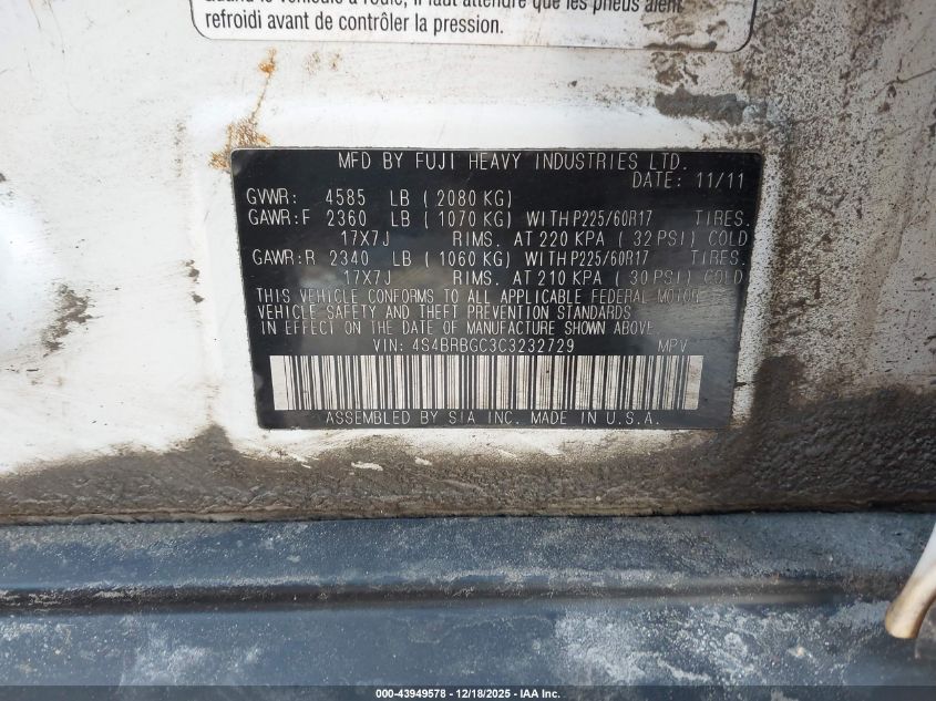 2012 Subaru Outback 2.5I Premium VIN: 4S4BRBGC3C3232729 Lot: 43949578