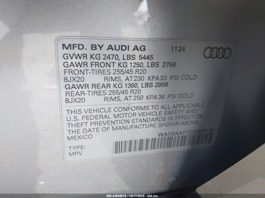 2025 Audi Q5 Premium 45 Tfsi S Line Quattro VIN: WA1GAAFY2S2039124 Lot: 43949579