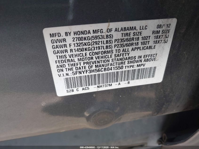 2012 Honda Pilot Ex-L VIN: 5FNYF3H56CB041550 Lot: 43949580