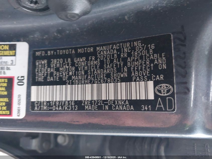 2016 Toyota Corolla Le Plus VIN: 2T1BURHE7GC678035 Lot: 43949581