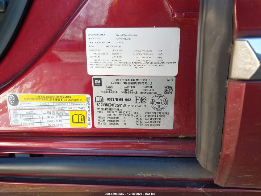 2015 Buick Enclave Leather VIN: 5GAKVBKD1FJ298150 Lot: 43949582