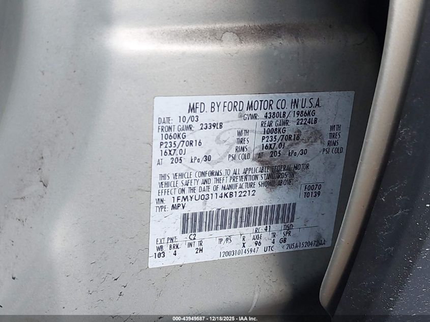 2004 Ford Escape Xlt VIN: 1FMYU03114KB12212 Lot: 43949587