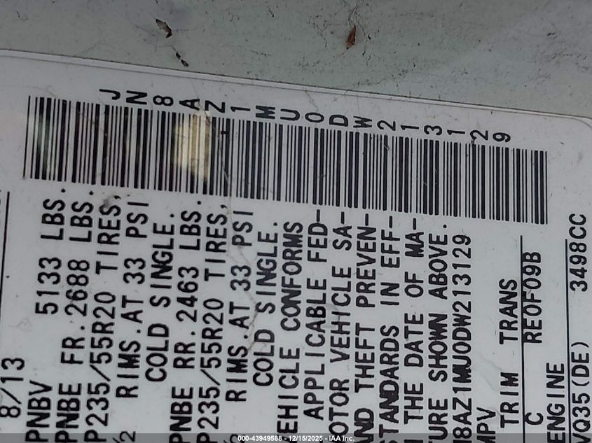 2013 Nissan Murano Le VIN: JN8AZ1MU0DW213129 Lot: 43949588