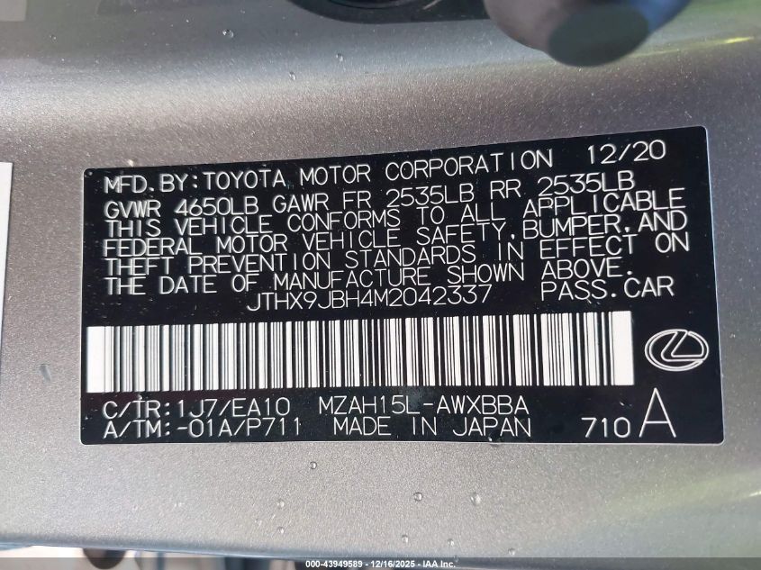 2021 Lexus Ux 250H VIN: JTHX9JBH4M2042337 Lot: 43949589