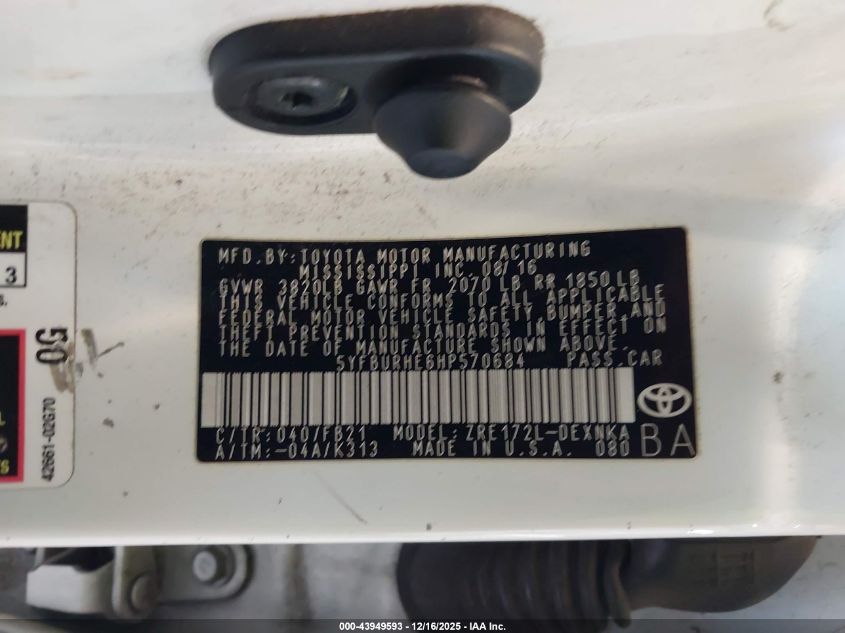 2017 Toyota Corolla Le VIN: 5YFBURHE6HP570684 Lot: 43949593