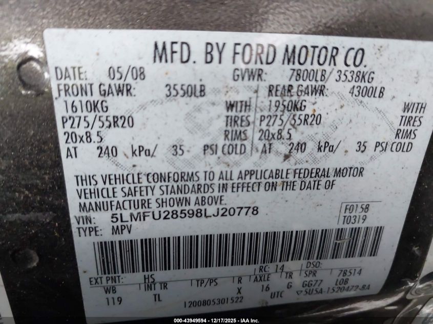2008 Lincoln Navigator VIN: 5LMFU28598LJ20778 Lot: 43949594