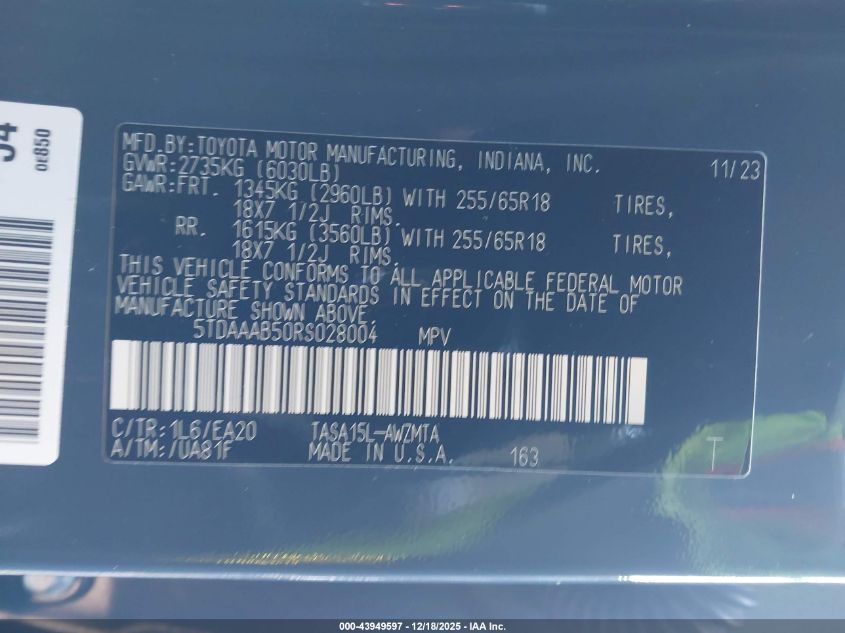 2024 Toyota Grand Highlander Xle VIN: 5TDAAAB50RS028004 Lot: 43949597