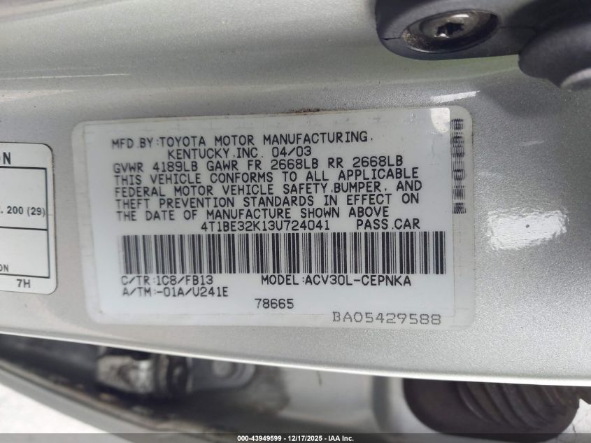 2003 Toyota Camry Le VIN: 4T1BE32K13U724041 Lot: 43949599