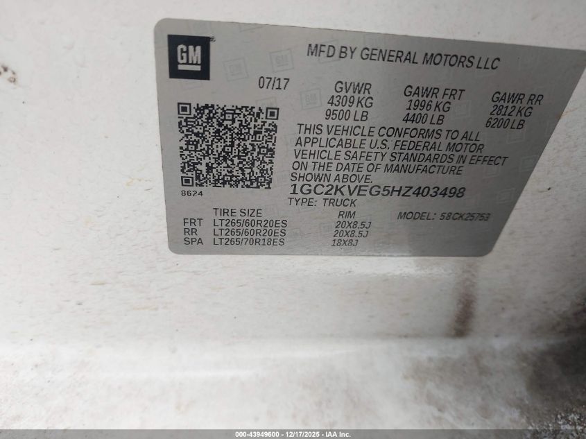 2017 Chevrolet Silverado 2500Hd Lt VIN: 1GC2KVEG5HZ403498 Lot: 43949600