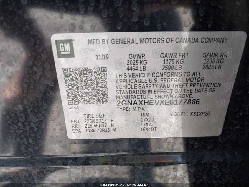 2020 Chevrolet Equinox Fwd Ls VIN: 2GNAXHEVXL6177886 Lot: 43949601