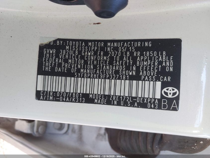 2015 Toyota Corolla Le Eco Plus VIN: 5YFBPRHE9FP327181 Lot: 43949602