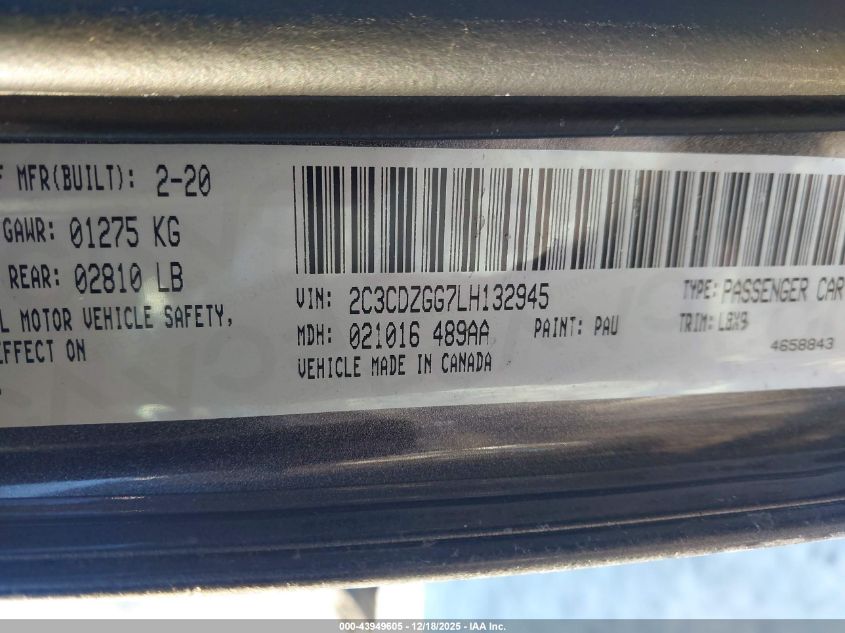 2020 Dodge Challenger Sxt Awd VIN: 2C3CDZGG7LH132945 Lot: 43949605