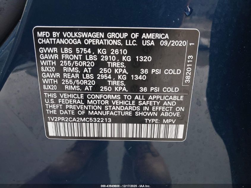 2021 Volkswagen Atlas 3.6L V6 Se W/Technology R-Line VIN: 1V2PR2CA2MC532213 Lot: 43949608