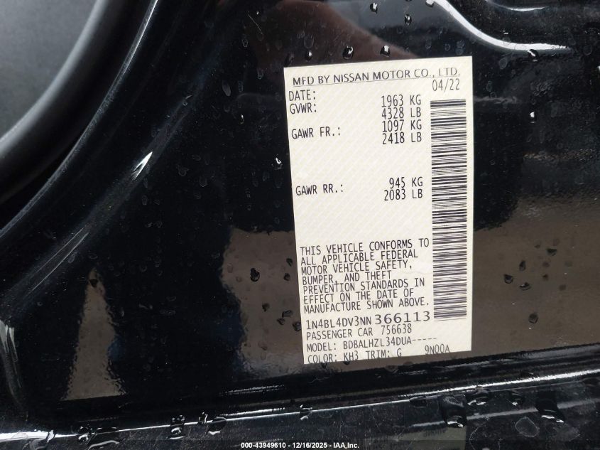 2022 Nissan Altima Sv Fwd VIN: 1N4BL4DV3NN366113 Lot: 43949610