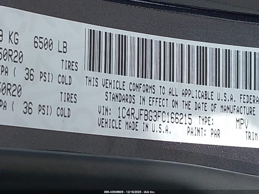 2015 Jeep Grand Cherokee Limited VIN: 1C4RJFBG3FC166215 Lot: 43949609