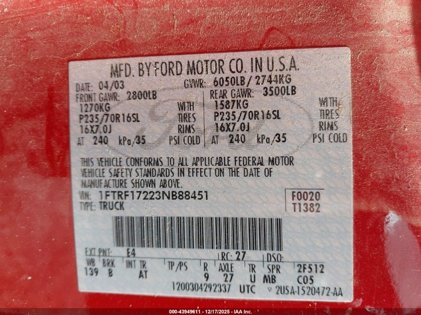 2003 Ford F-150 Xl/Xlt VIN: 1FTRF17223NB88451 Lot: 43949611