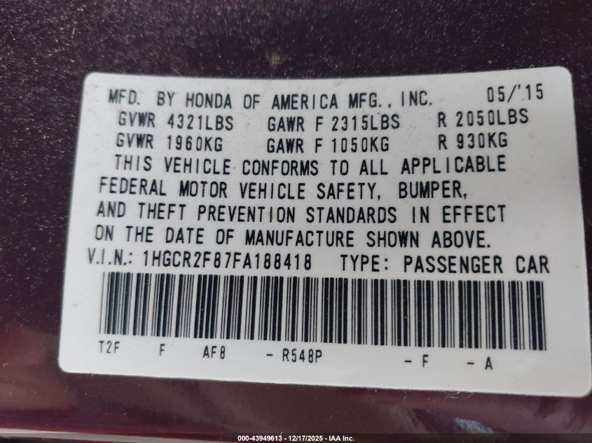 2015 Honda Accord Ex-L VIN: 1HGCR2F87FA188418 Lot: 43949613
