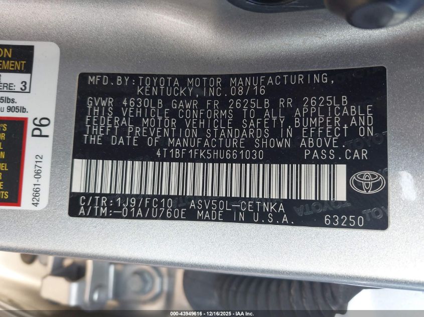 2017 Toyota Camry Le VIN: 4T1BF1FK5HU661030 Lot: 43949616