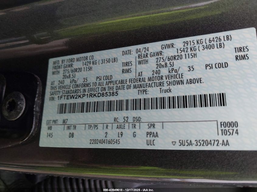 2024 Ford F-150 Stx VIN: 1FTEW2KP1RKD85385 Lot: 43949618