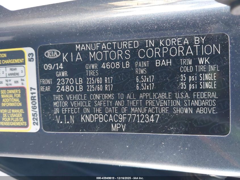 2015 Kia Sportage Lx VIN: KNDPBCAC9F7712347 Lot: 43949619