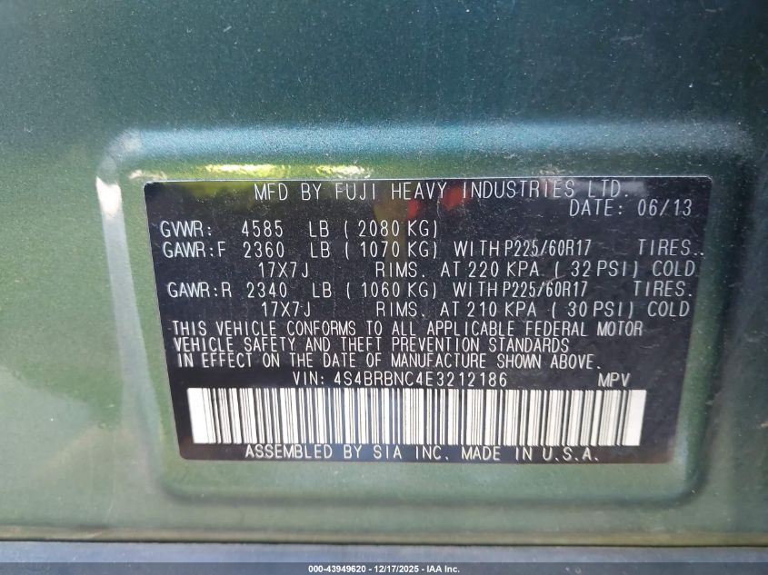 2014 Subaru Outback 2.5I Limited VIN: 4S4BRBNC4E3212186 Lot: 43949620