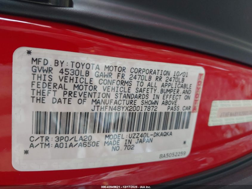 2002 Lexus Sc 430 VIN: JTHFN48YX20017872 Lot: 43949621