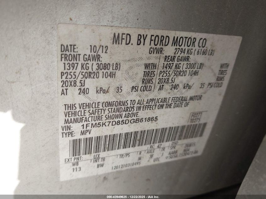 2013 Ford Explorer Xlt VIN: 1FM5K7D85DGB61865 Lot: 43949625