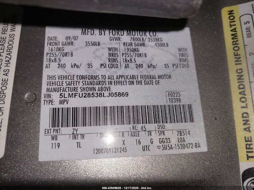 2008 Lincoln Navigator VIN: 5LMFU28538LJ05869 Lot: 43949626