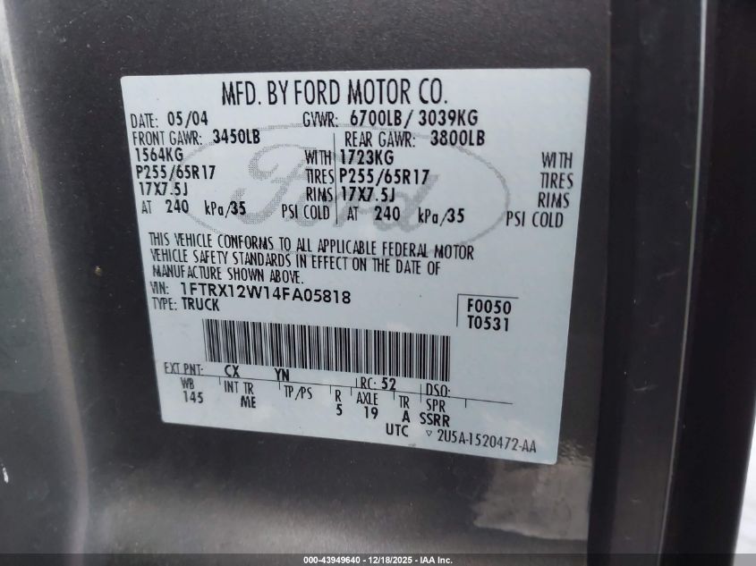 2004 Ford F-150 Stx/Xl/Xlt VIN: 1FTRX12W14FA05818 Lot: 43949640