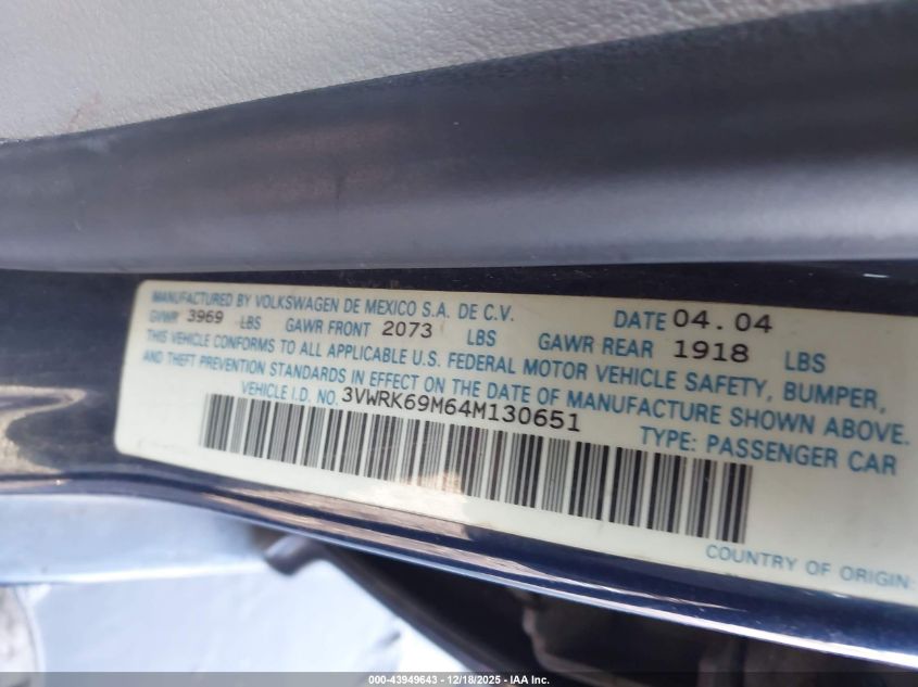 2004 Volkswagen Jetta Gl VIN: 3VWRK69M64M130651 Lot: 43949643