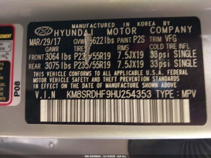 2017 Hyundai Santa Fe Se Ultimate VIN: KM8SRDHF9HU254353 Lot: 43949645