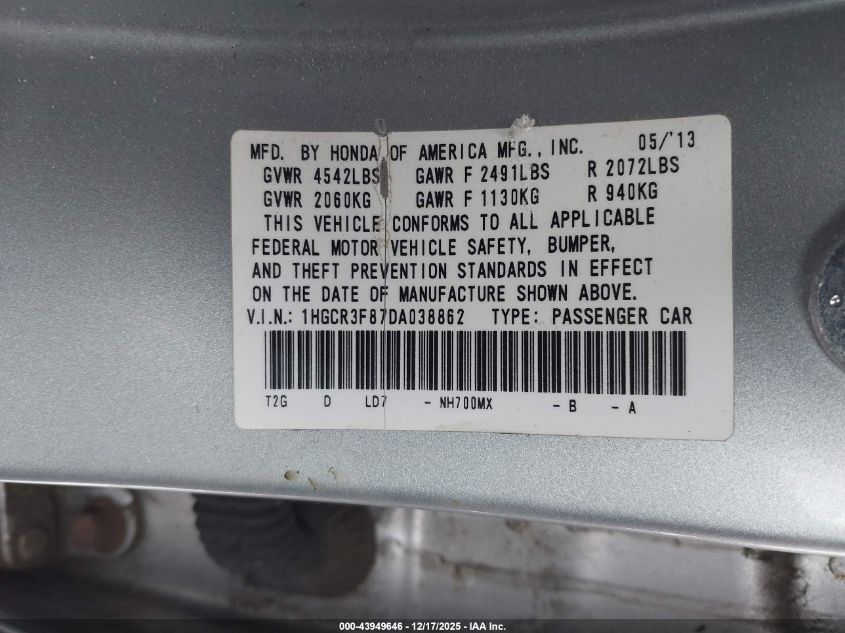 2013 Honda Accord Ex-L V-6 VIN: 1HGCR3F87DA038862 Lot: 43949646