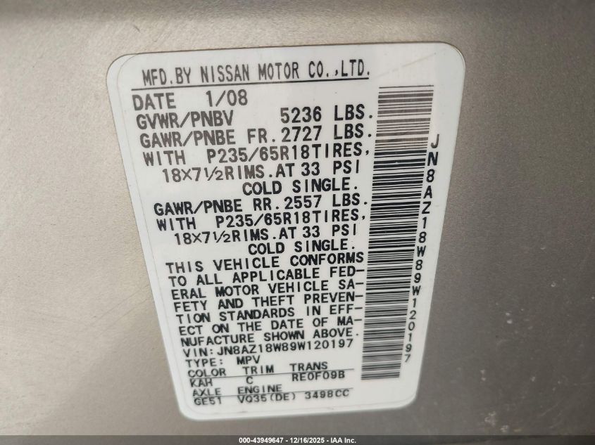 2009 Nissan Murano Sl VIN: JN8AZ18W89W120197 Lot: 43949647