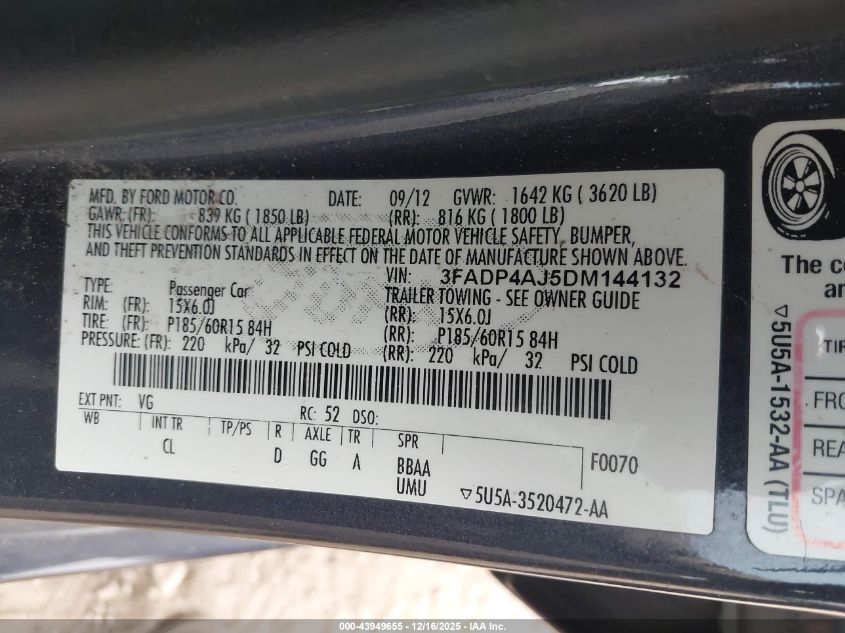 2013 Ford Fiesta S VIN: 3FADP4AJ5DM144132 Lot: 43949655