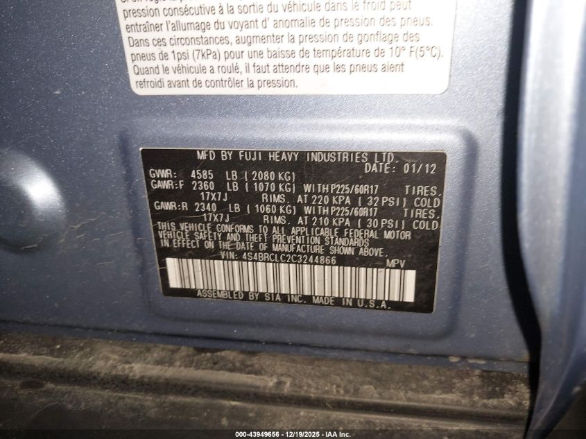 2012 Subaru Outback 2.5I Limited VIN: 4S4BRCLC2C3244866 Lot: 43949656