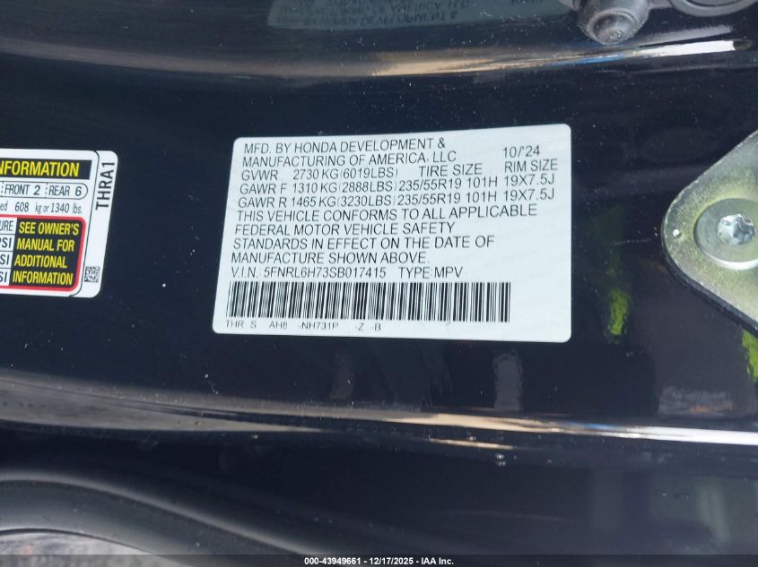 2025 Honda Odyssey Sport-L VIN: 5FNRL6H73SB017415 Lot: 43949661