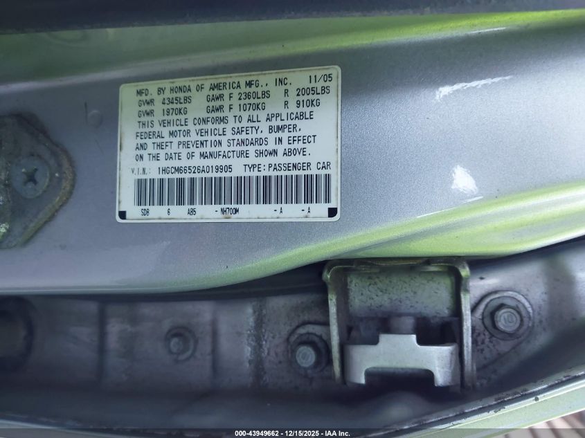 2006 Honda Accord 3.0 Ex VIN: 1HGCM66526A019905 Lot: 43949662