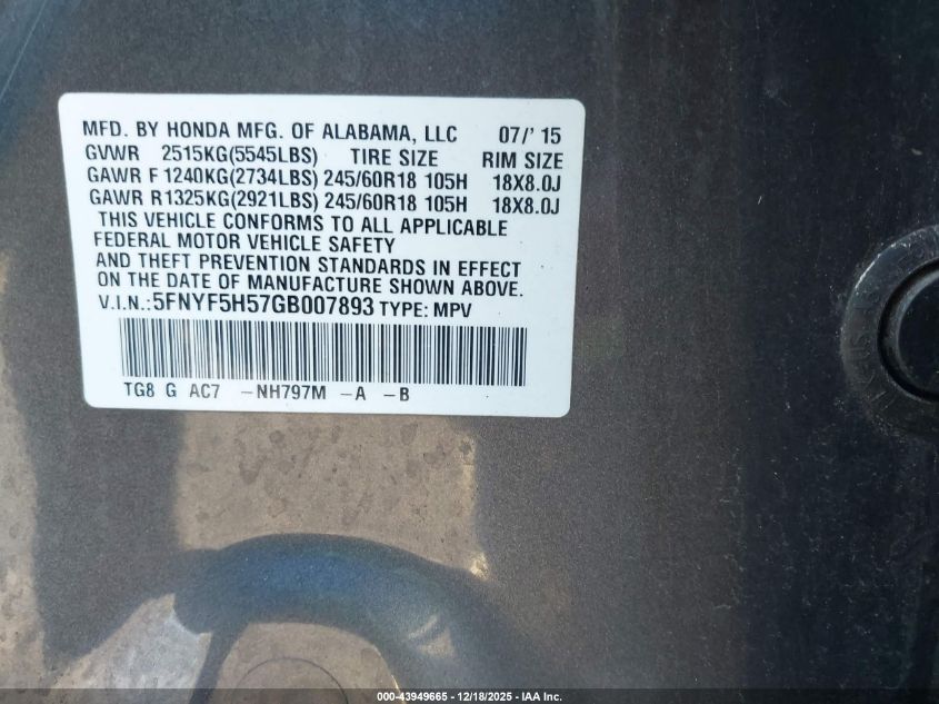 2016 Honda Pilot Ex-L VIN: 5FNYF5H57GB007893 Lot: 43949665
