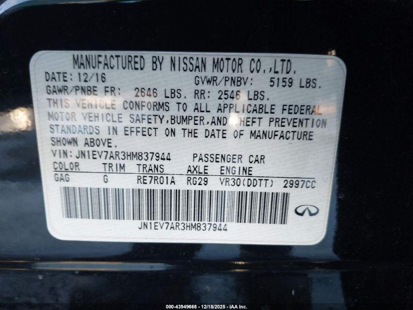 2017 Infiniti Q50 3.0T Signature Edition VIN: JN1EV7AR3HM837944 Lot: 43949666